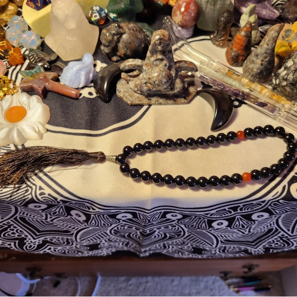 Elegant Black and Orange obsidian mala prayer bracelet (10mm)